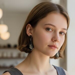 Vintage Sterling Siam Goddess Earrings, Screw Back, Black Enameled, Mid-Century.